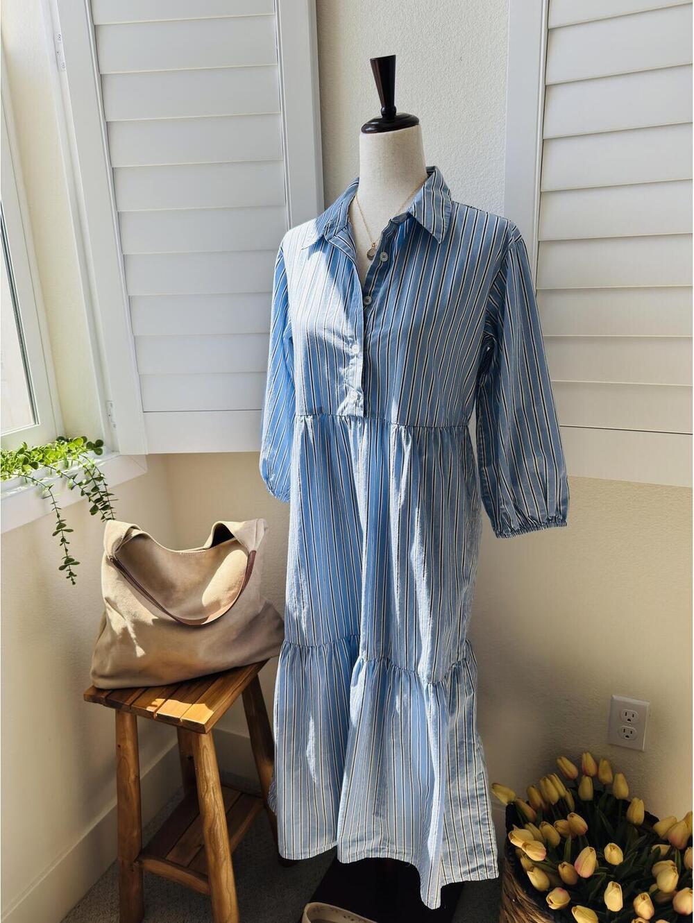 Quince Blue Striped 100% Organic Cotton Tiered Midi Shirt Dress, Size S